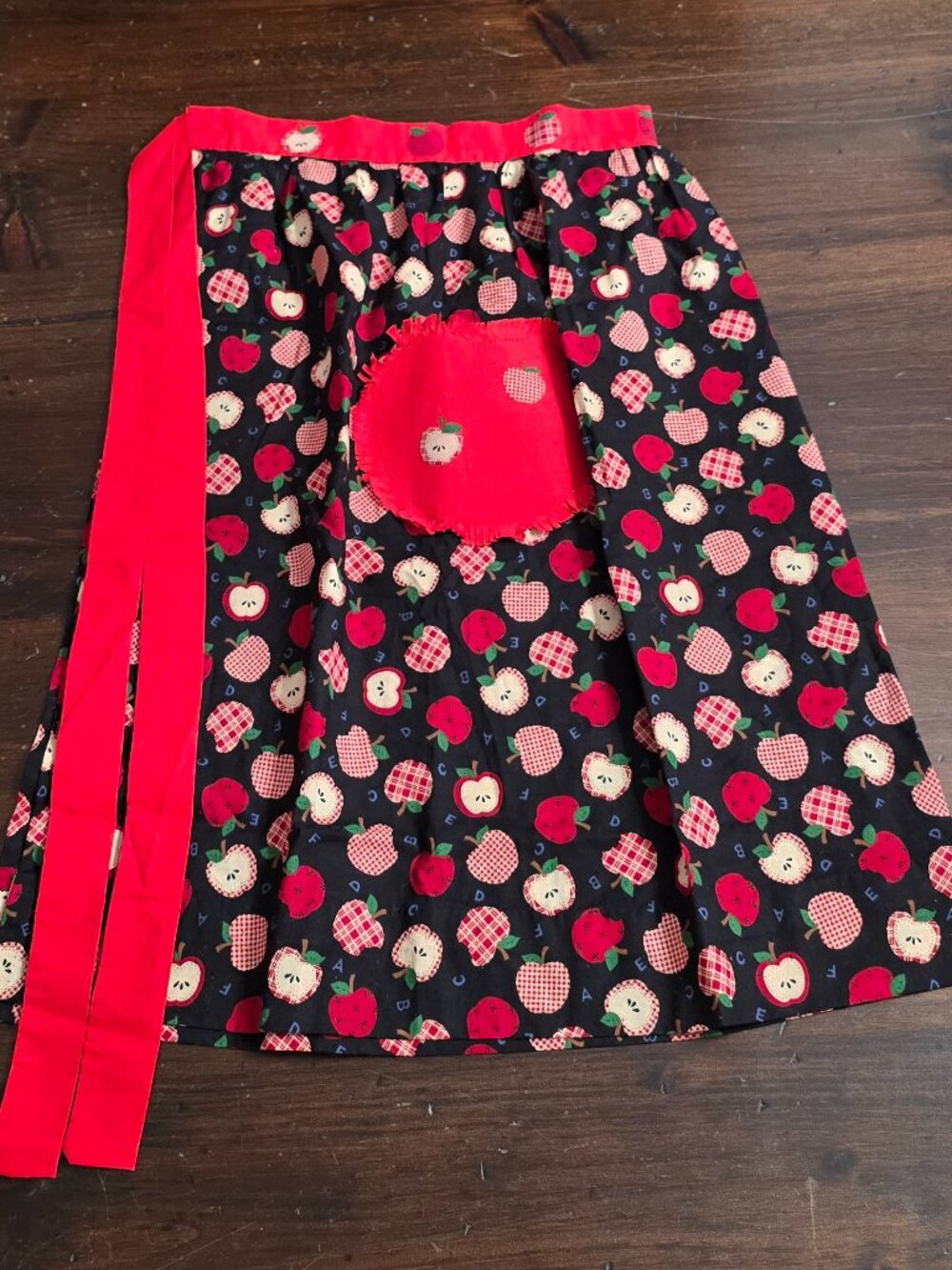 Vintage Handmade Apple Print Half Apron with Fringed Pocket